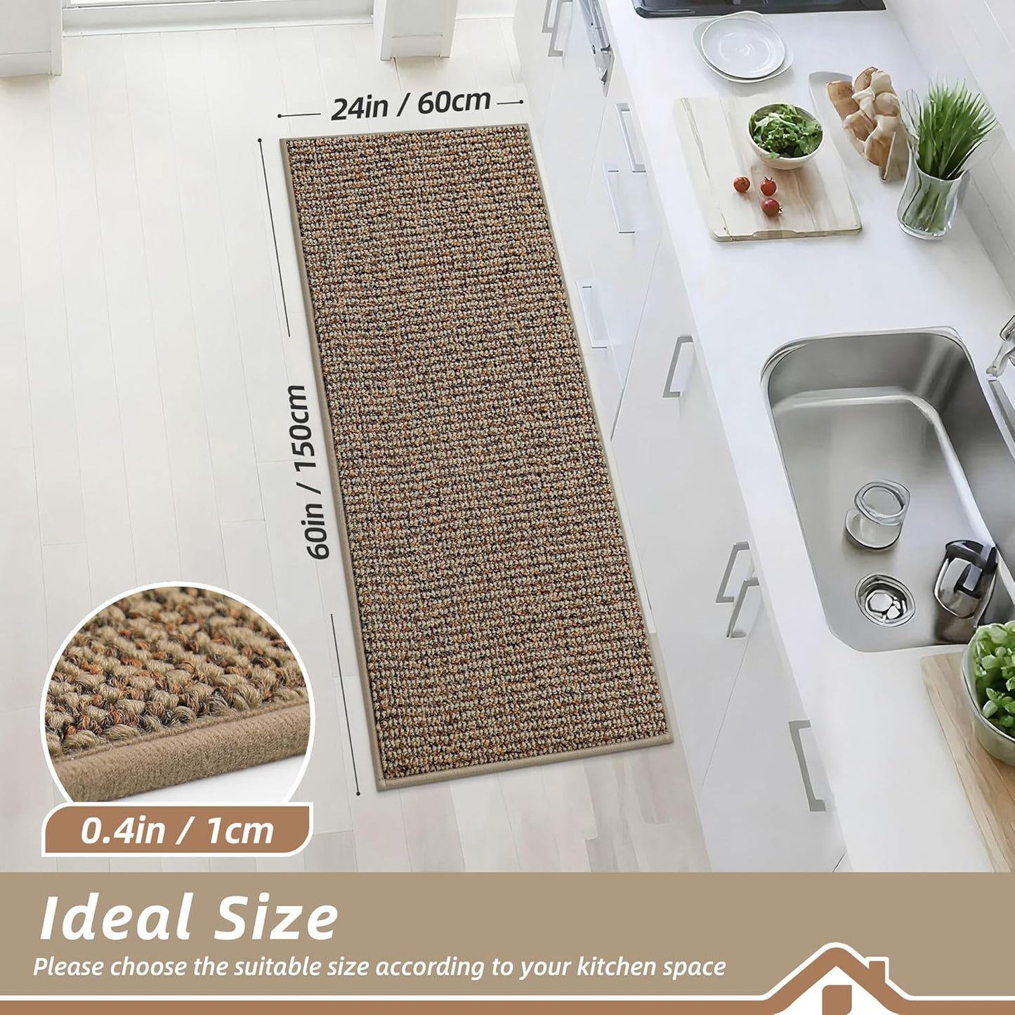 BEQHAUSE Kitchen Runner Rugs 24"x60", Non-Slip Kitchen Mats for Floor, Super Absorbent and Stain Resistant Kitchen Rug, Machine Washable Rugs for Kitchen, Hallway, Laundry & Sink, Taupe