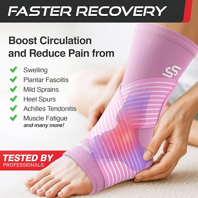 Sleeve Stars Ankle Brace for Women & Men, Ankle Wrap for Sprained Ankle, Compression Sleeve for Plantar Fasciitis Relief, Easy Customizable Support: w/Removable Strap (Single/L:12"-13"/Baby Pink)