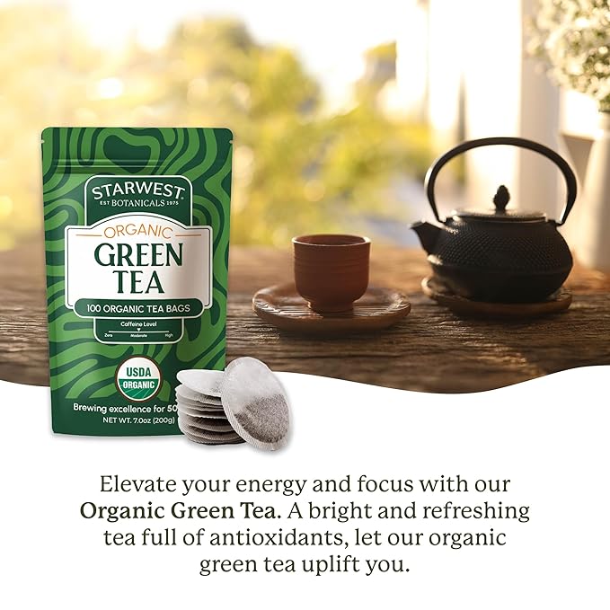 Starwest Botanicals Organic Green Tea - Caffeinated Herbal Tea, Contains Caffeine, Tea with Antioxidant Properties, USDA Organic Green Tea Leaf, Non GMO - Bulk Pack, 100 Tea Bags