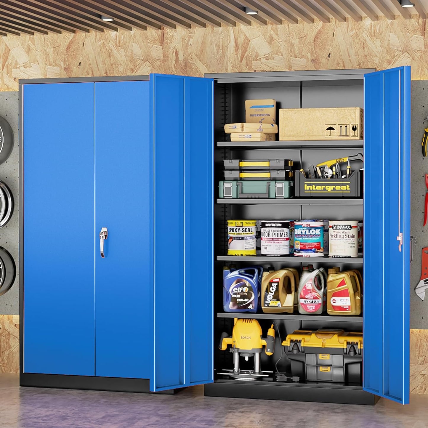 INTERGREAT Metal Storage Cabinets 72” Black Blue Garage Steel Storage Cabinet with Doors and Shelves, Steel File Cabinet for Home Office, Basement, Warehouse, Classroom（Anti Tipping）