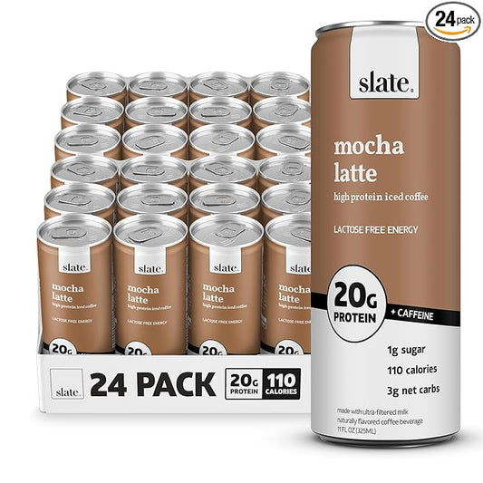 Slate Milk - High Protein Iced Coffee - Mocha Latte - 175mg Caffeine, Lactose Free Energy - 20g Protein, 1g Sugar, 110 Calories, 3g Net Carbs, No Sugar Added - Protein Coffee - 11 fl oz, 24 Cans