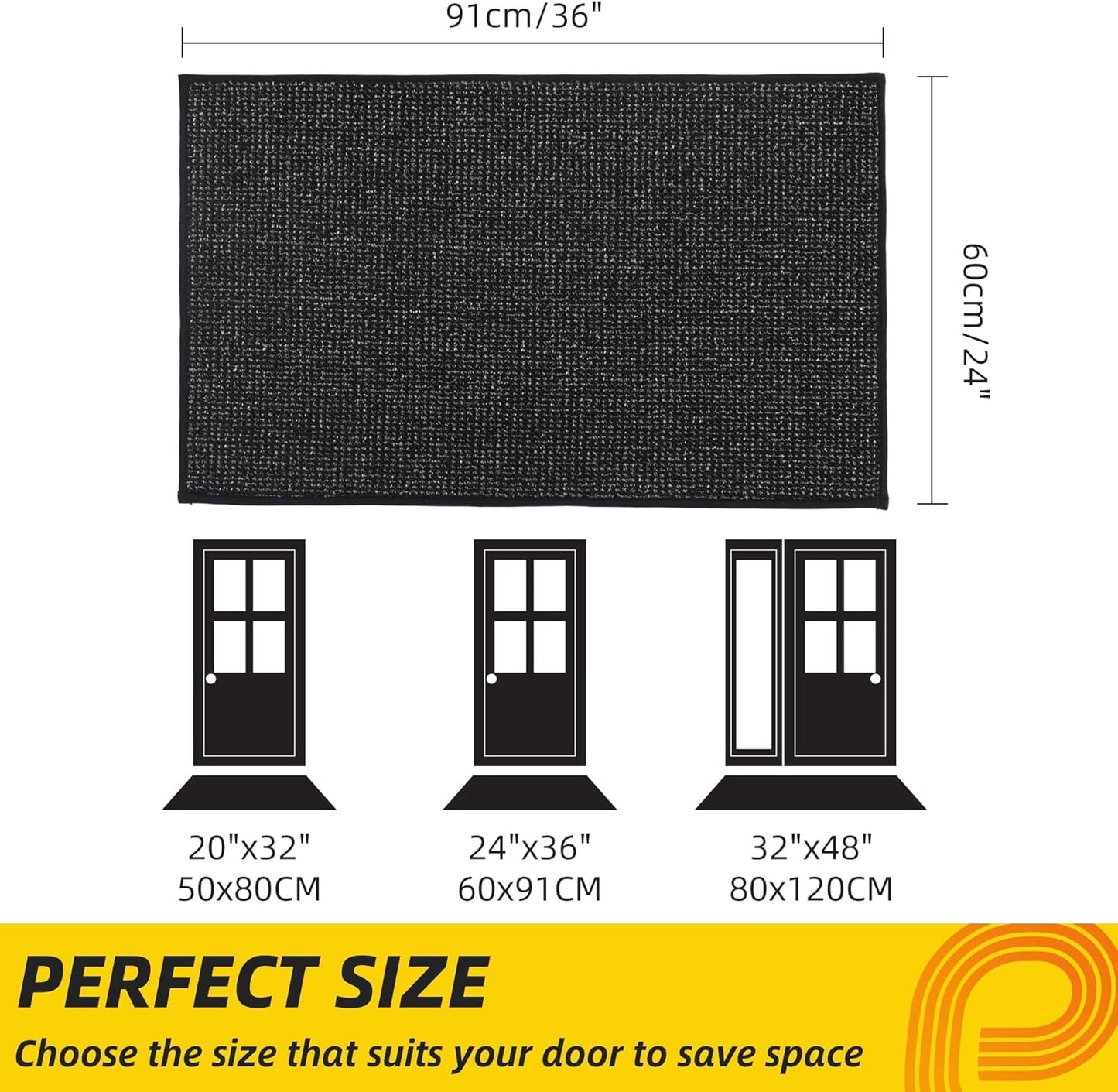 JSEI Dirt Trapper Door Mat 24"x36" Non-Slip Washable Entrance Mat, Dog Doormats, Absorbent & Fade-Resistant Floor Mats, Low Profile Welcome Mats for Entryway, Front Door, and Inside Entrance, Black