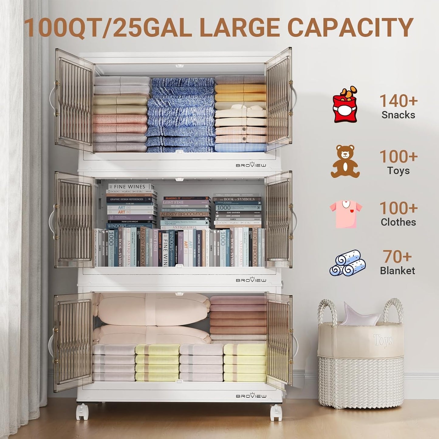 400Qt Stackable Storage Bins with Lid, Extra Large Closet Organizer Collapsible Drawer Boxes with Wheels, Folding Plastic Cabinet Containers for Home Kitchen Room Organization, 4Pack White