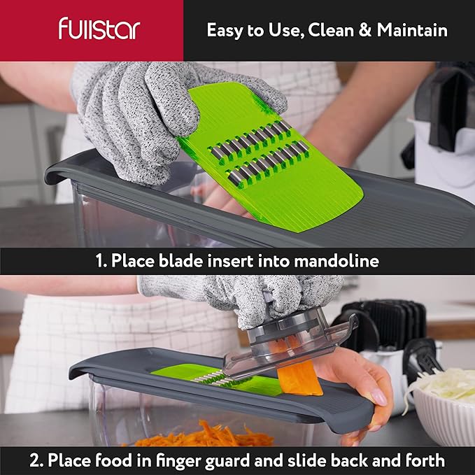 Fullstar Mandoline Slicer for Kitchen, Fruit Cutter, Cheese Grater, Cucumber Slicer, Veggie Spiralizer, Food Cutter & Kitchen Gadgets with Safety Glove (6 in 1, Gray/Green)