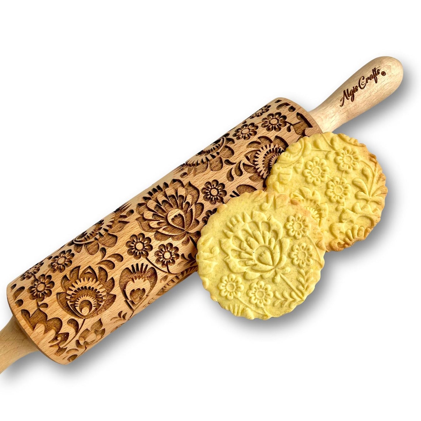 FOLK Embossed Rolling Pin. Wooden Embossing Rolling Pin With Folksy Flowers for Pottery and Cookies by Algis Crafts