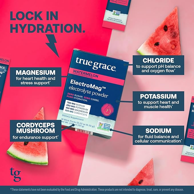 True Grace ElectroMag - 16 Stick Packs (Pack of 2) - Watermelon - Electrolyte Powder for Rapid Hydration - Sodium, Potassium, Magnesium & Cordyceps - Zero Sugar & Carbs - Non-GMO - 32 Total Servings