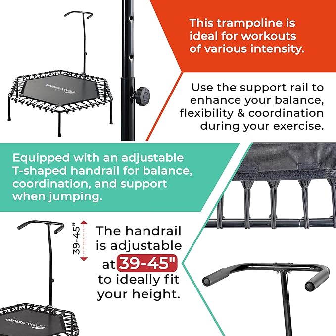 Upper Bounce Mini Workout Trampoline with Adjustable T-Shaped Handrail – Hexagonal Rebounder Trampoline for Kids & Adults – Fitness & Recreational Trampolines, Supports up to 220 lbs.