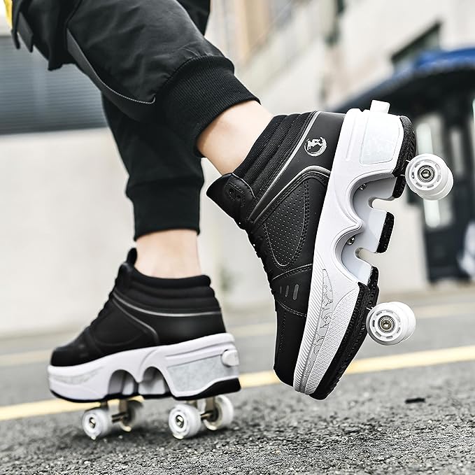 Roller Skate Shoes for Women Four Rounds Children's Roller Skates Shoes That Turn into Rollerskates Sneakers Outdoor Light Shoes with Wheels for Girls/Boys