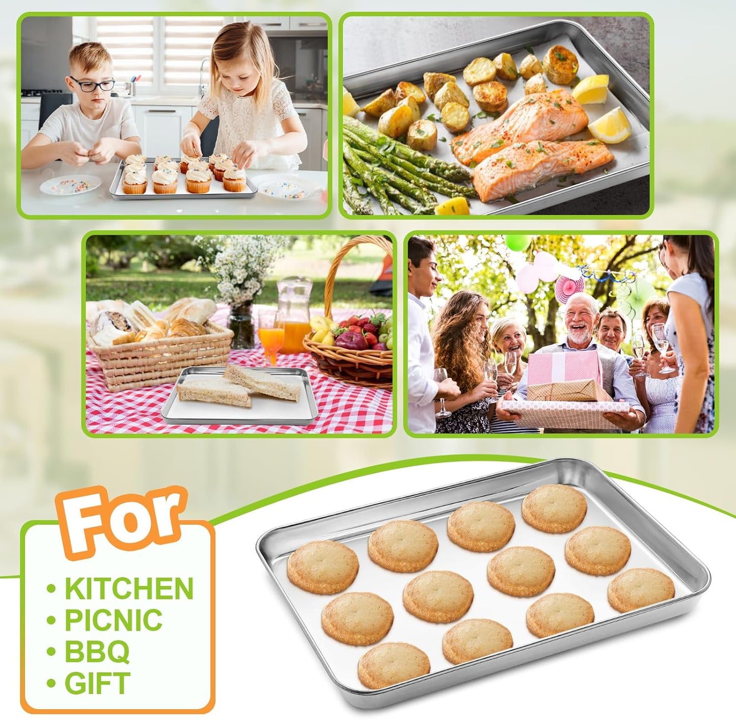 Baking Sheet Set of 2 - CEKEE Stainless Steel Cookie Sheet Baking Pan, Size 10 x 8 x 1 inch, Non Toxic & Heavy Duty & Mirror Finish & Rust Free & Easy Clean
