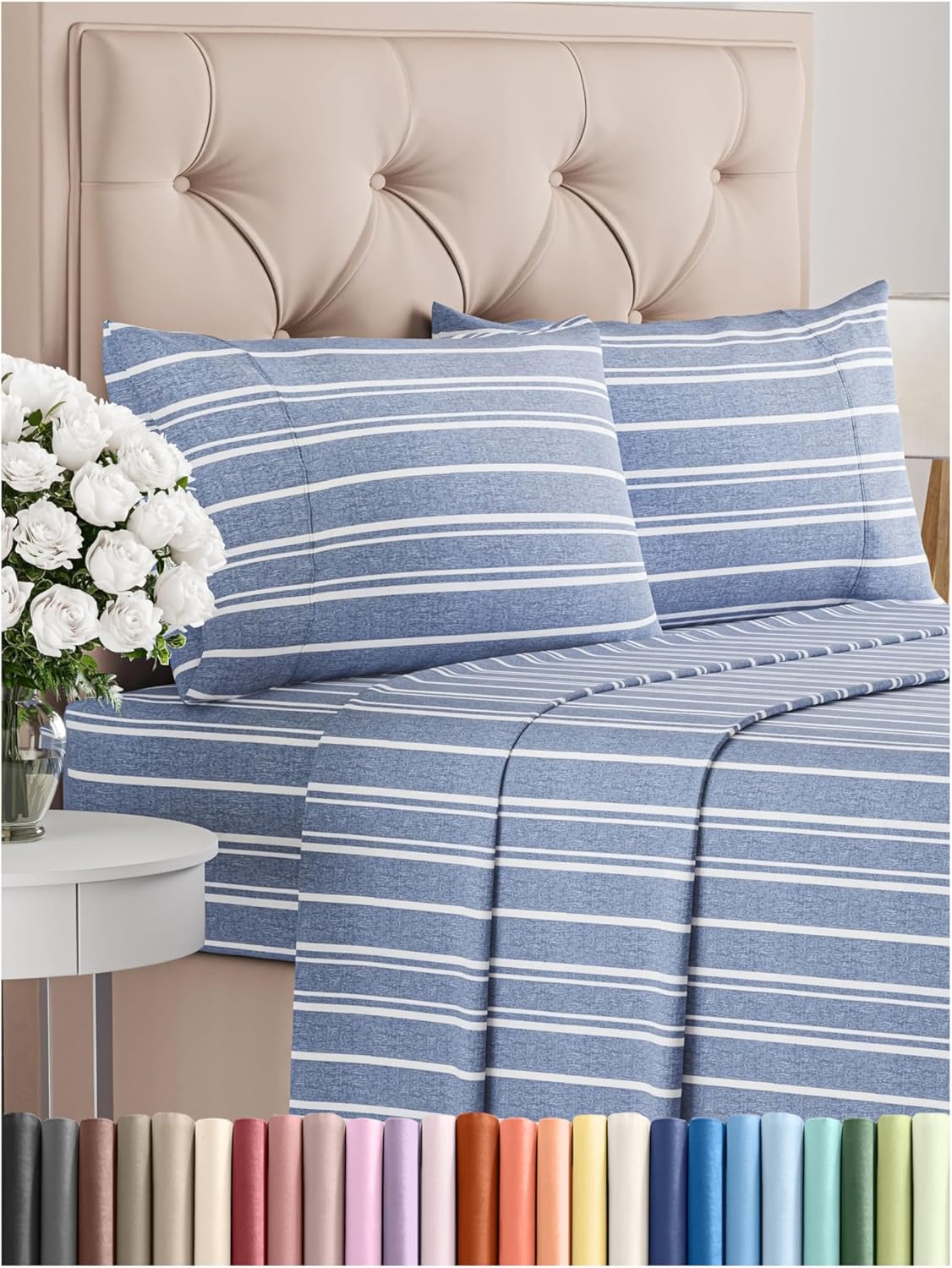 Full Size 4 Piece Sheet Set - Comfy Breathable & Cooling Bed Sheets Set - Hotel Luxury Bedding for Women, Men, Kids, Teens, Boys & Girls - Deep Pockets, Soft, Wrinkle Free - Oeko-Tex - Blue Stripes 3