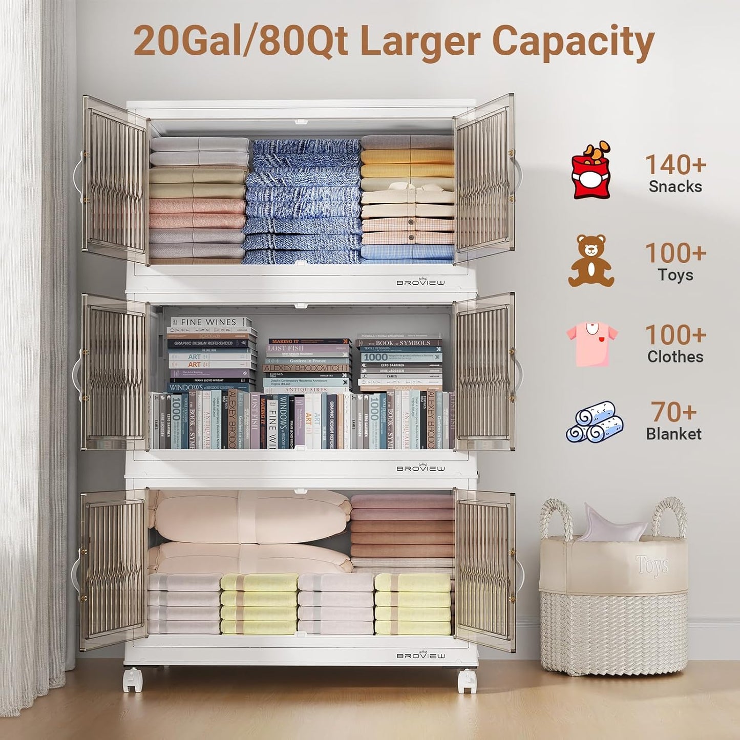 320Qt Stackable Storage Bins with Lid, Extra Large Closet Organizer Collapsible Drawer Boxes with Wheels, Folding Plastic Cabinet Containers for Home Kitchen Room Organization, 4Pack White