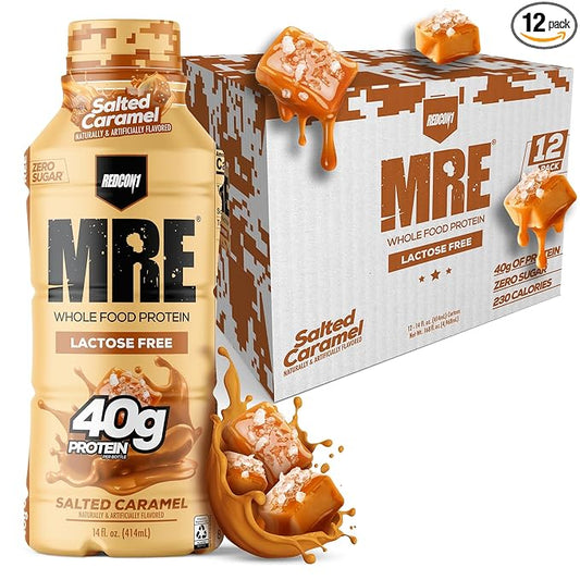 REDCON1 MRE Ready to Drink Protein Shake, Salted Caramel - Lactose + Whey Free RTD 40gr Protein Made with Real Whole Food Protein Blends - Keto-Friendly, Easy to Digest Nutritional Shake (12 Pack)