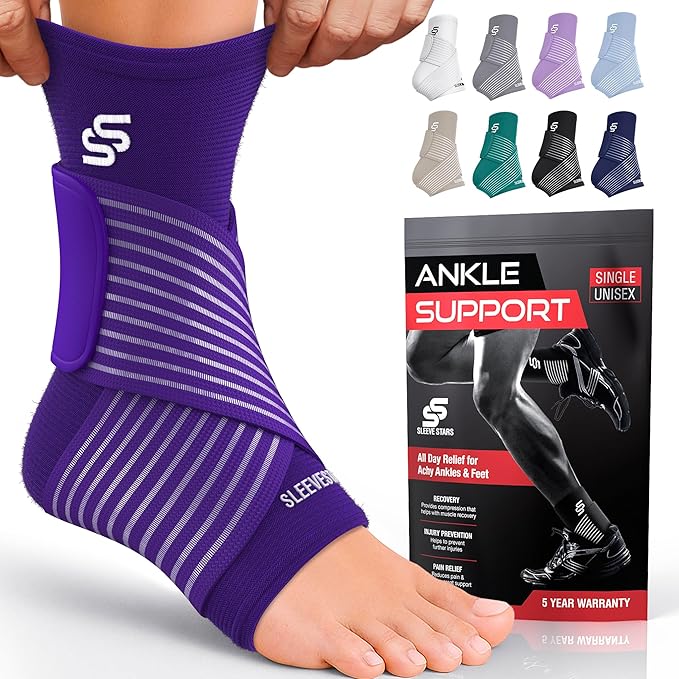 Sleeve Stars Ankle Brace for Women & Men, Ankle Wrap for Sprained Ankle, Compression Sleeve for Plantar Fasciitis Relief, Easy Customizable Support: w/Removable Strap (Single/S:9"-10"/Dark Purple)