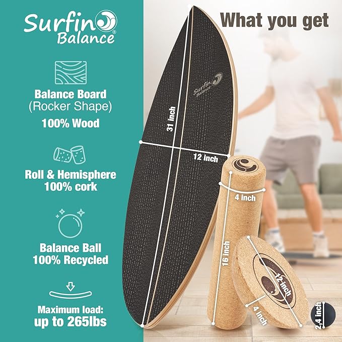 Board - unique board incl. corc roller, corc hemisphere and balance ball - surf balance board - balance training - balance board kids - balance board wood