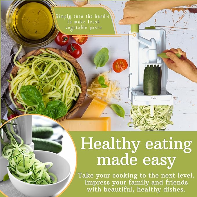 Brieftons 7-Blade Vegetable Spiralizer: Strongest-Heaviest Spiral Slicer, Best Veggie Pasta Spaghetti Maker for Low Carb/Paleo/Gluten-Free Meals, With Container, Lid, Blade Caddy & 4 Recipe Ebooks