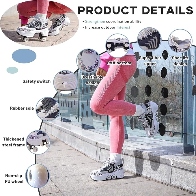 Roller Skate Shoes for Women Four Rounds Children's Roller Skates Shoes That Turn into Rollerskates Sneakers Outdoor Light Shoes with Wheels for Girls/Boys