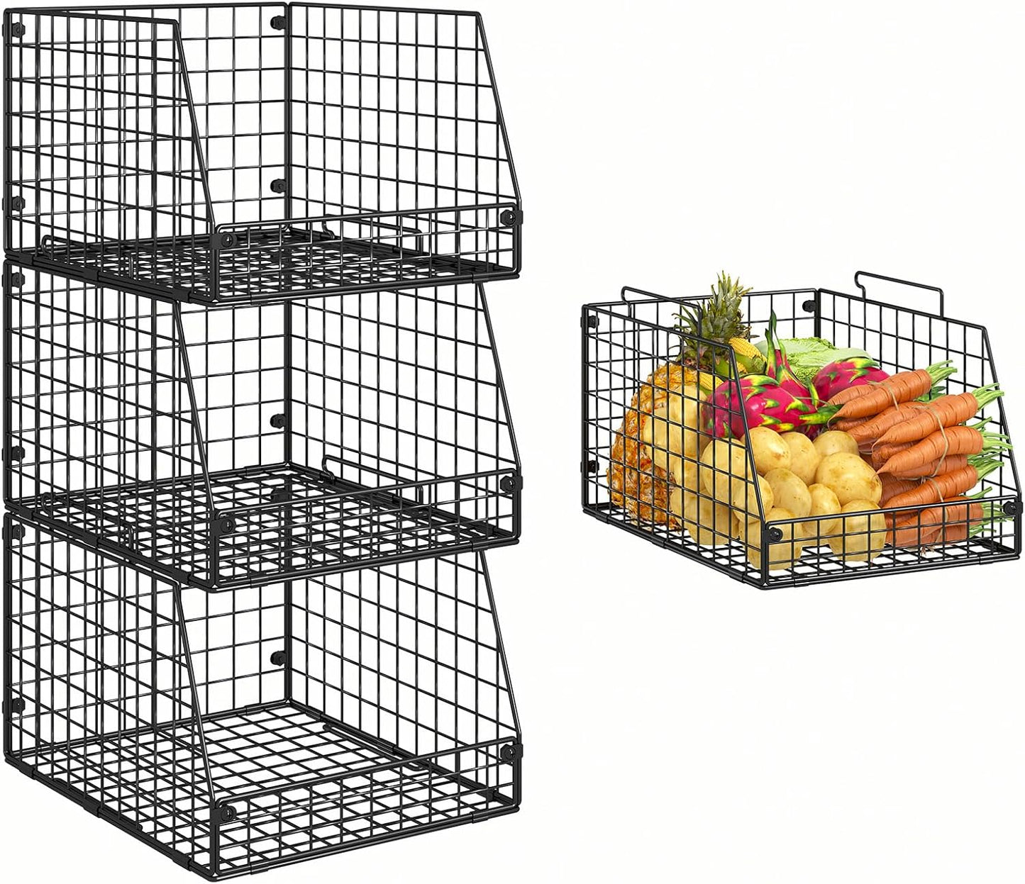 3 Pack XXL Stackable Wire Baskets, Large Storage Bins for Onion, Potato, Vegetable, Fruit, Snack, Pantry Baskets for Kitchen Cabinet Countertop, Pantry Organizers and Storage Solutions