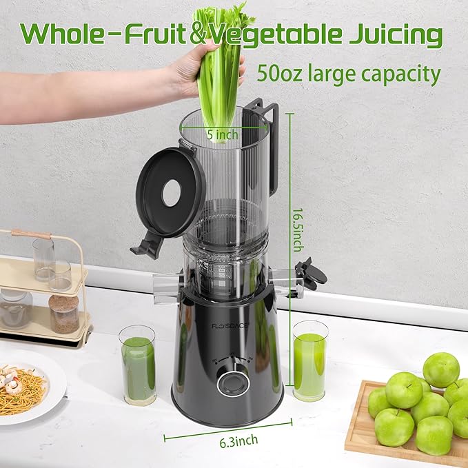 Cold Press Juicer, Slow Masticating Juicer Machines with 5" Feeding Chute Fit Whole Fruits&Vegetables, Stainless Steel Slow Masticating Juicer Easy to Clean, 99.6% Juice Purity, 1.5L Capacity-Black.