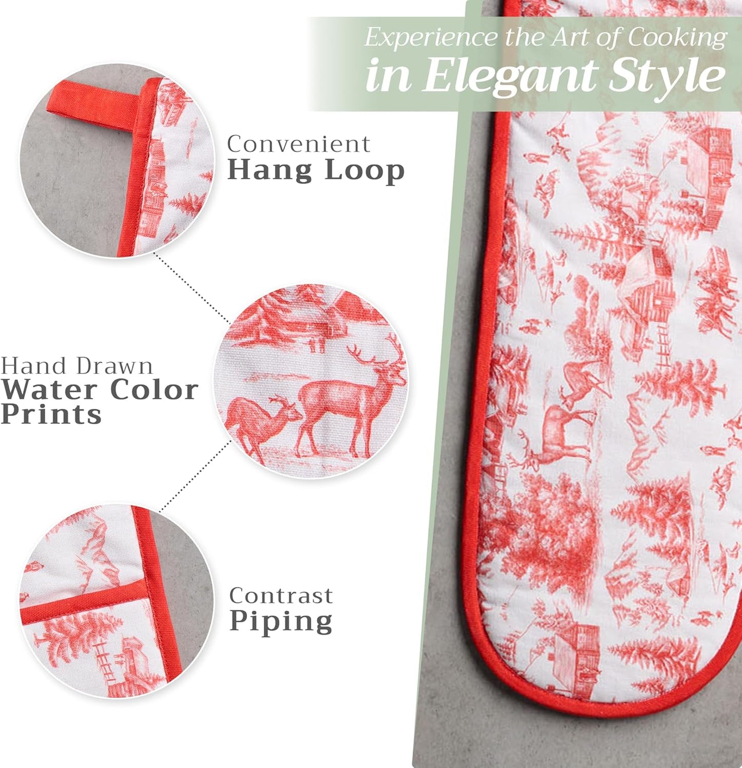 Maison d' Hermine Double Oven Mitts 100% Cotton 7"x35" Double Oven Mitt Heat Resistant BBQ Cooking Gloves with Loop, Baking, Grilling, Home, Kitchen, Handling Hot Pans (Winter Jouy)