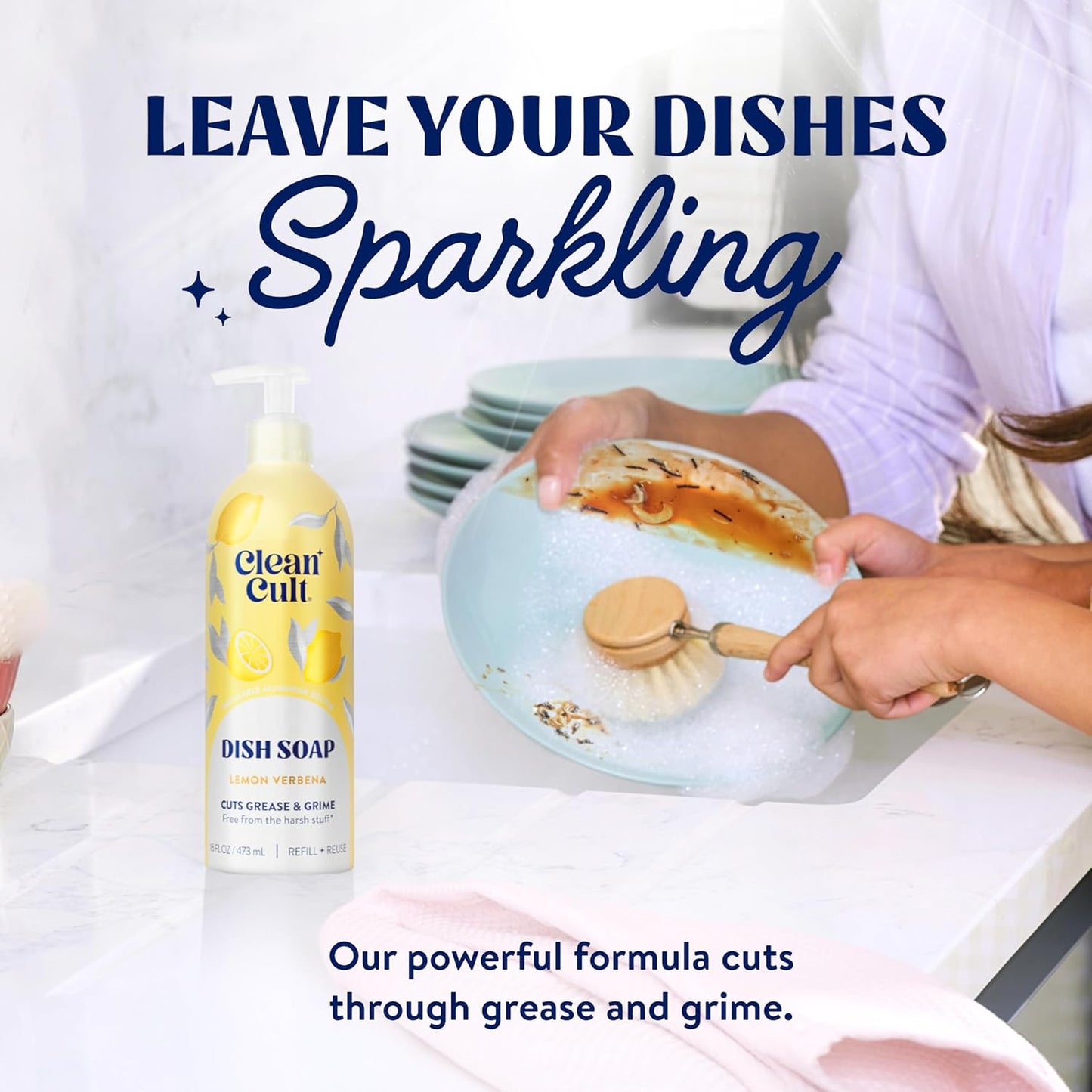 Cleancult Dish Soap Liquid Refills - Plant Based Cleaning Power - Cuts Grease & Grime - Free of Harsh Chemicals - Uses 90% Less Plastic - Lemon Verbena - 32 oz/3 Pack