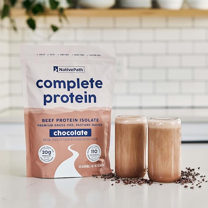 NativePath Complete Beef Protein Powder Isolate – Grass-Fed, Pasture-Raised, Dairy & Lactose Free, Gluten Free, Zero Sugar, MCTs & Amino Acids – 20g Protein, Chocolate Flavor, 30 Servings