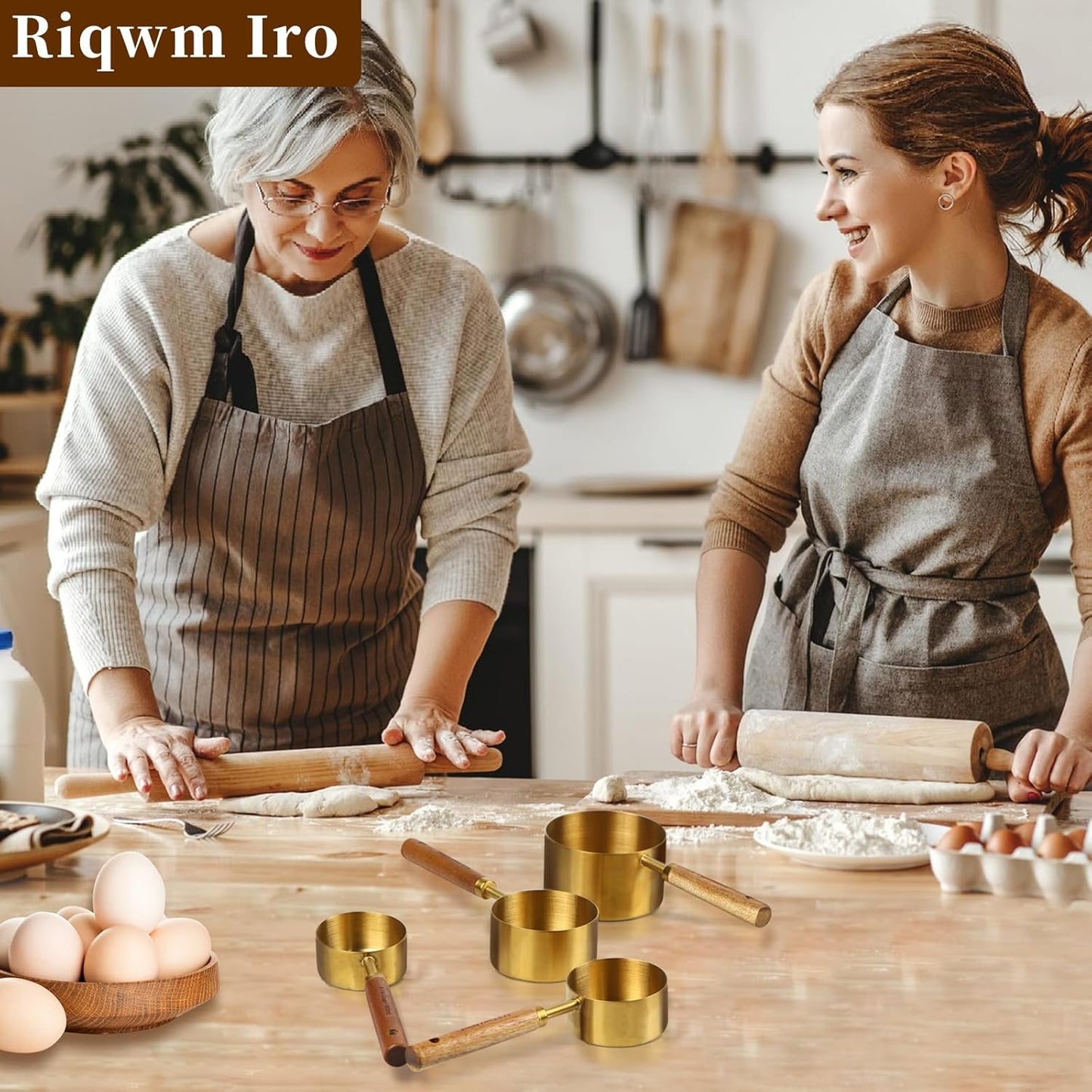 4 Piece gold measuring cups set，Golden Stainless Steel Measuring Cup and spoons set with Wooden Handle for Food/Liquid/Baking in the Kitchen