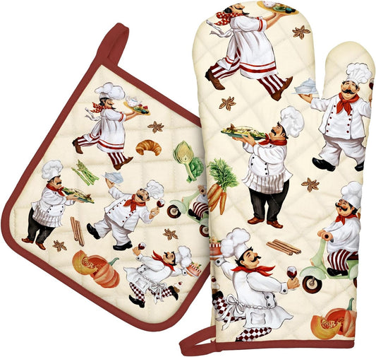 Chef Oven Mitts and Pot Holders Sets 2Pcs, 100% Cotton Heat Resistant, Extra Long Oven Gloves Potholder for Kitchen Cooking Baking Decoration