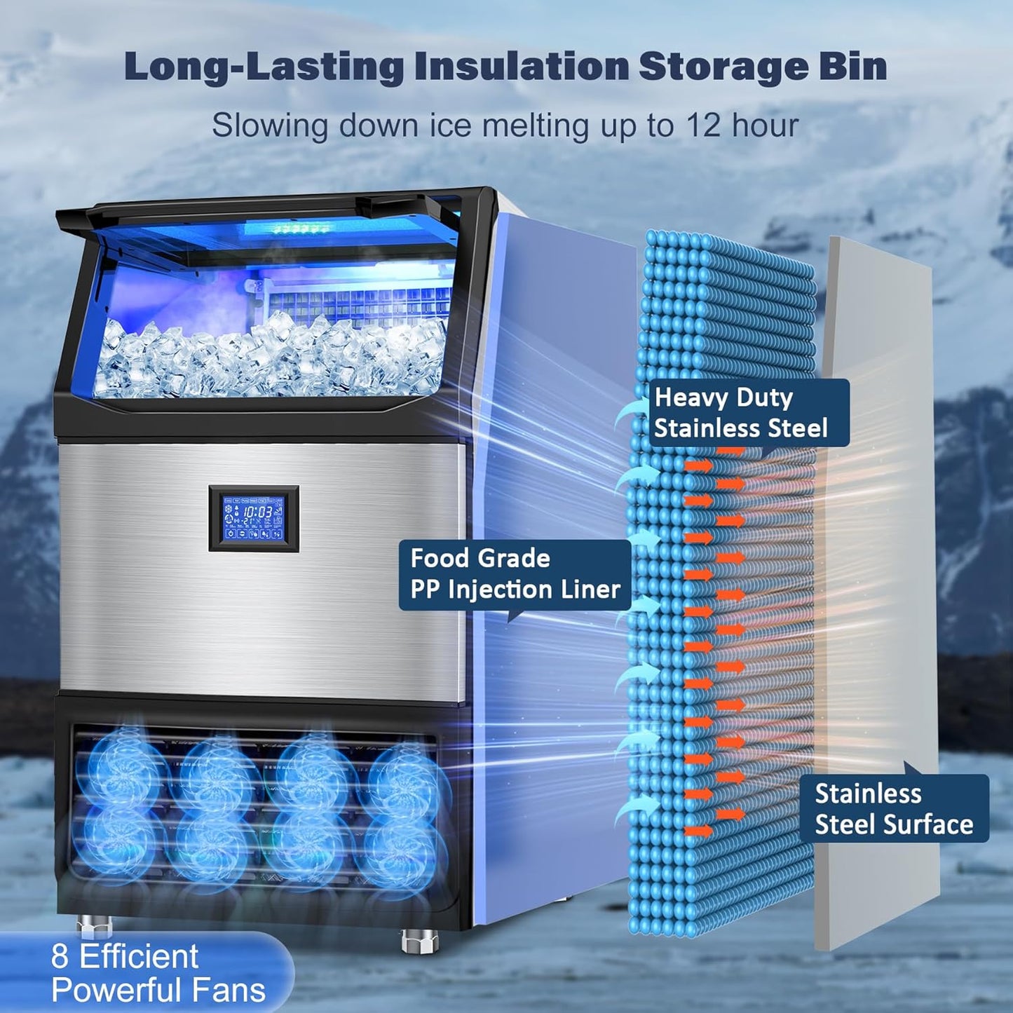 Commercial Ice Maker Machine, 500 lbs/24H with 132 lbs Storage Bin, 162 Ice Cubes in 6–20 Mins, Self-Cleaning, Stainless Steel Large Undercounter/Freestanding Ice Maker for Home, Bar, Restaurant