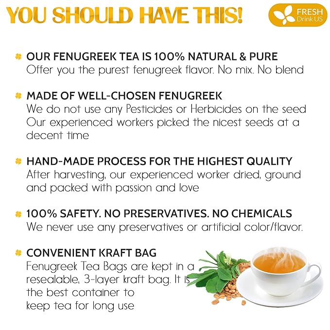 FreshDrinkUS, Premium 55 Fenugreek Tea Bags, 100% Natural & Pure from Fenugreek. Fenugreek Herbal Tea. Made with Natural Material Tea Bags. No Sugar, No Caffeine, No Gluten, Vegan.