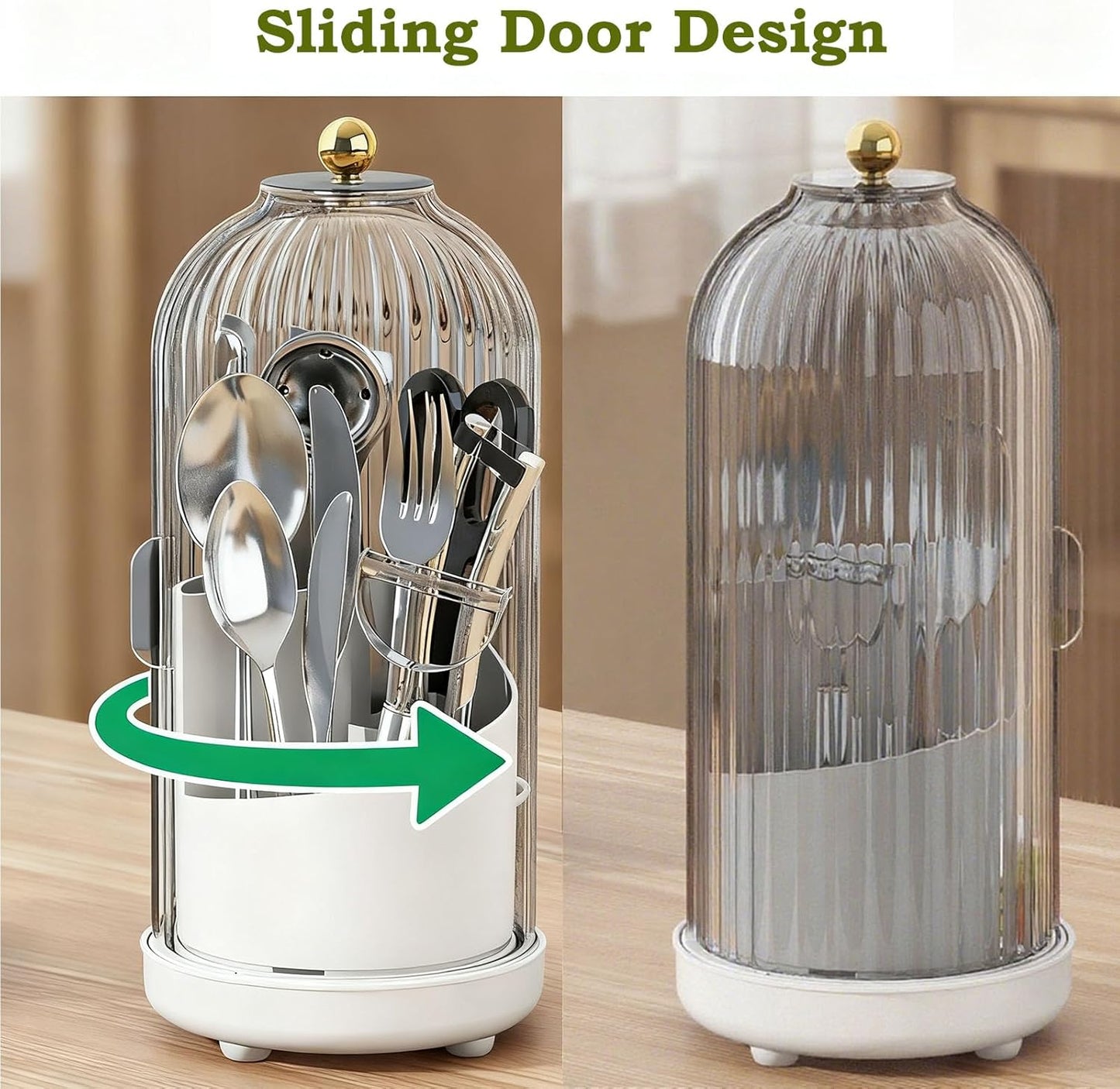 JEESA Utensil Holder with Lid, 360° Rotating Flatware Organizer for Cutlery Spoon Fork(H Less 8"), Silverware Caddy Organizer Drainage Dustproof Flatware Holder Kitchen Countertop Storage, Gray