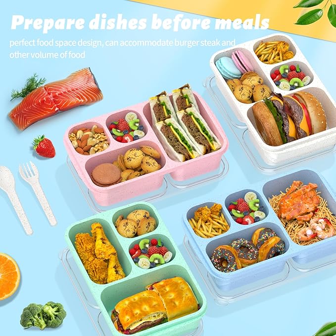 Large Capacity Bento Box for Adults, 4-Piece Set – Stackable Lunch Box with 4 Compartments, Microwave & Dishwasher Safe, Reusable Meal Prep Containers, Snack Containers for Kids & Adults (4 Colors)