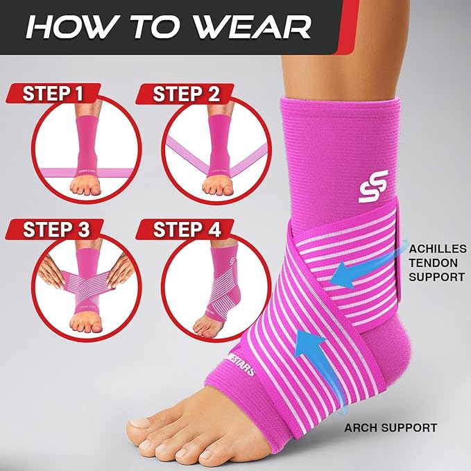 Sleeve Stars Ankle Brace for Women & Men, Ankle Wrap for Sprain, Compression Sleeve for Plantar Fasciitis Relief, Easy Customizable Support: w/ Removable Strap (Pair/M:10"-12"/Hot Pink)