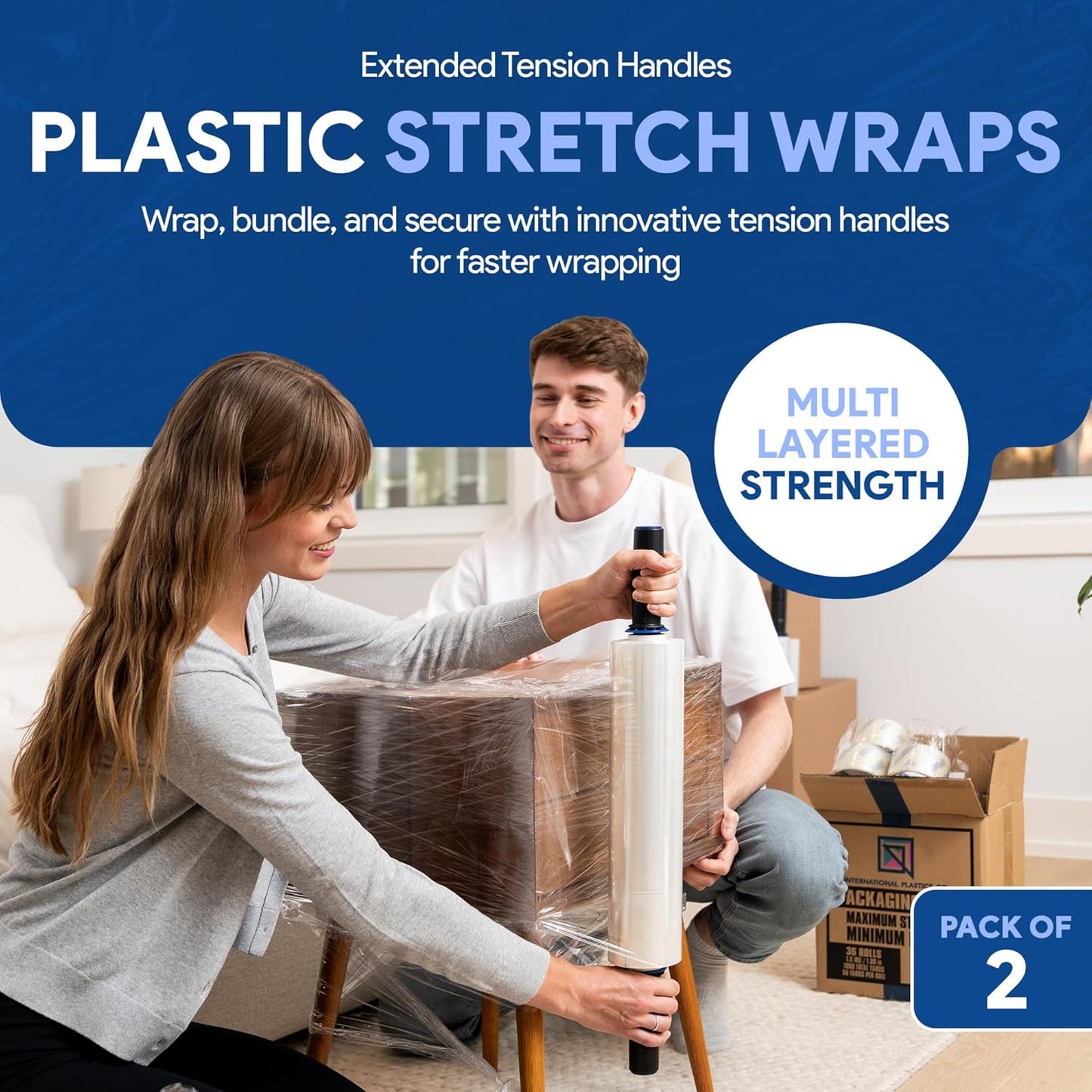 International Plastics Co. 2 Pack 15" Plastic Stretch Film Wrap with Extended Tension Handles 1200ft Each 500% Stretch Clear Cling Durable Adhering Packing Moving Heavy Duty Pallet Shrink