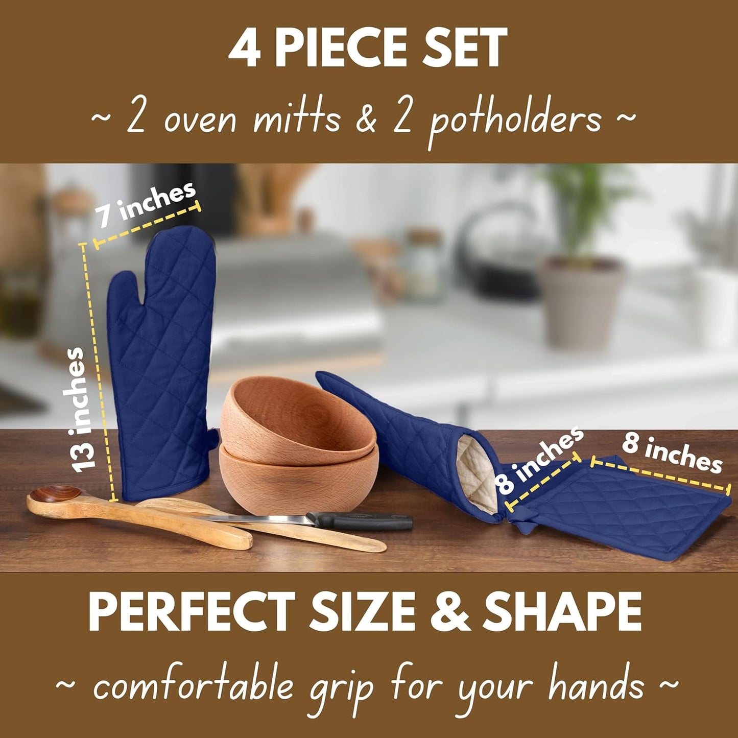 Native Fab 4 Piece Set - 2 Oven Mitts & 2 Potholders, Heat Resistant, 100% Cotton, Quilted Design, Non-Slip Grip, Machine Washable, Ideal for Baking, Cooking, BBQ, Kitchen Protection - Ink Blue