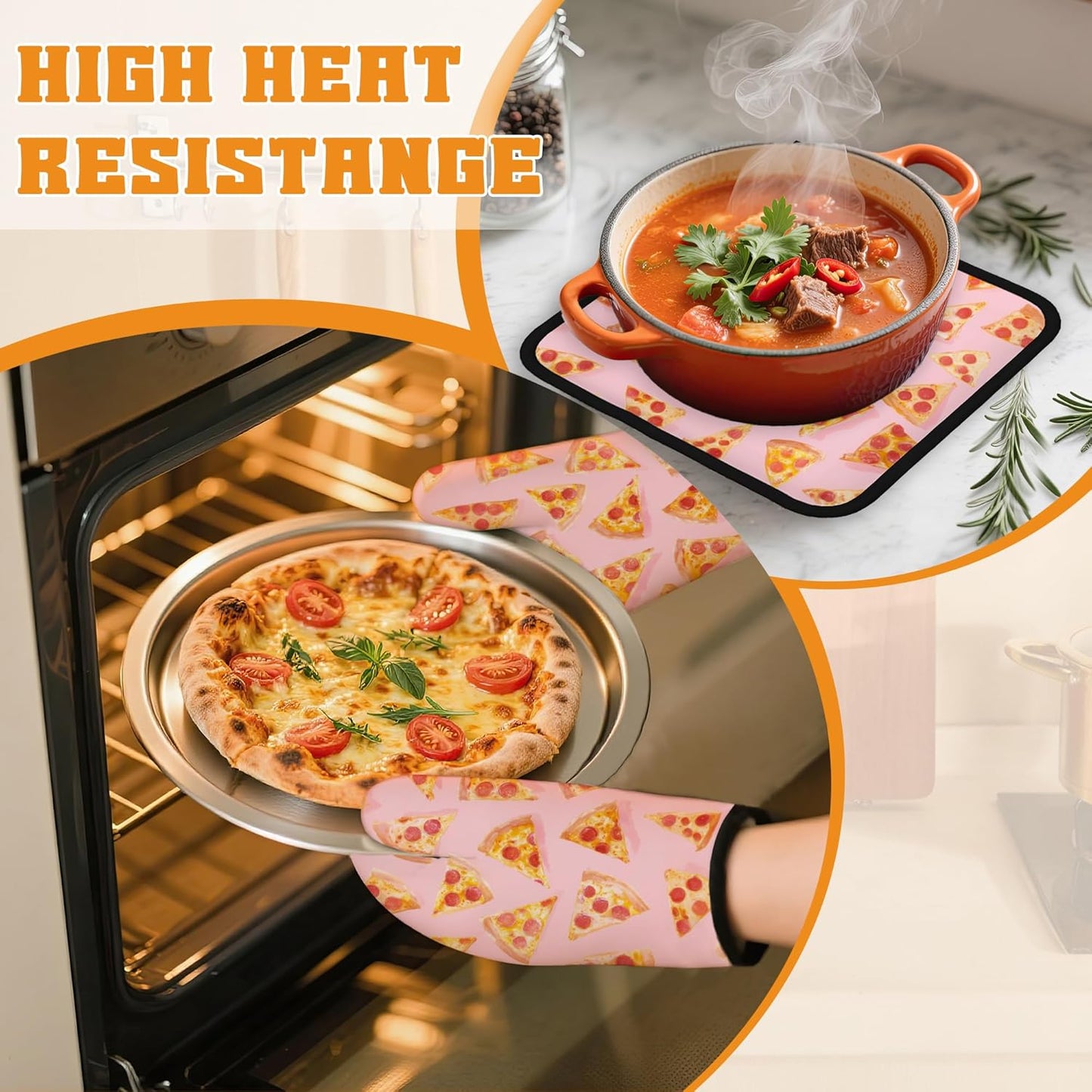 Cute Pizza Oven Mitts and Pot Holders,Heat Resistant Oven Mitts Gloves and Pot Holder for Home Kitchen Decorations Cooking Baking BBQ Gifts,Set of 4
