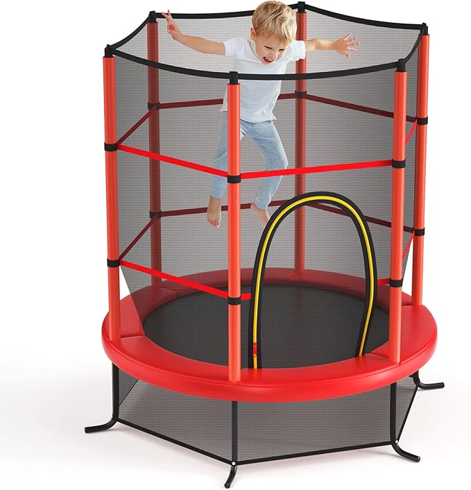 GYMAX Toddler Trampoline, 55” Trampoline for Kids with Bottom-to-Top All-Round Enclosure Net & Seamless Jumping Mat, ASTM Approved Easy Assembly Kids Mini Trampolines Indoor/Outdoor