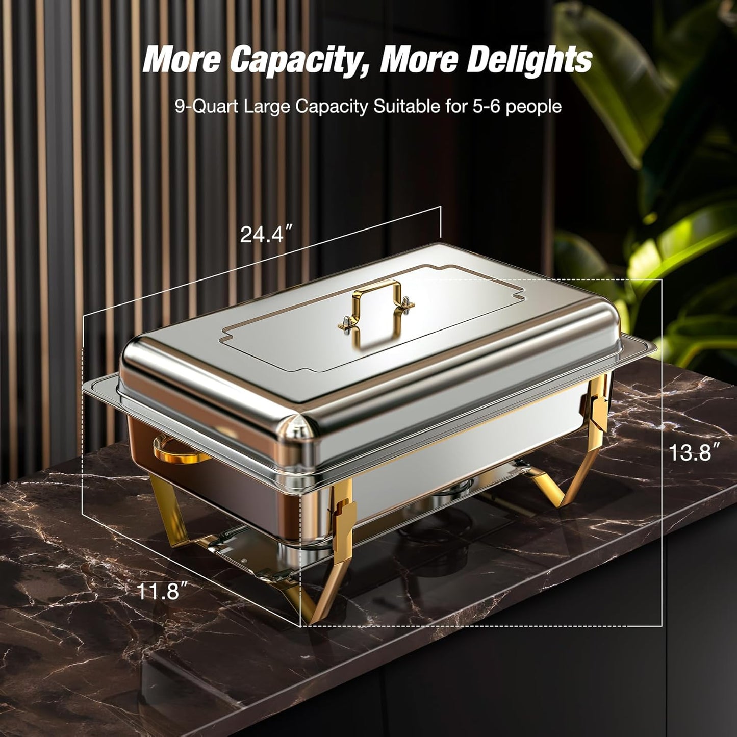 Gold Chafing Dishes for Buffet (9QT, 2 Pack) - Easy Assembly, Food-Grade Stainless Steel Chafers for Catering w/Rolled Edge Design, Foldable Frame, for Party, Banquet (Full Size Food Pan)