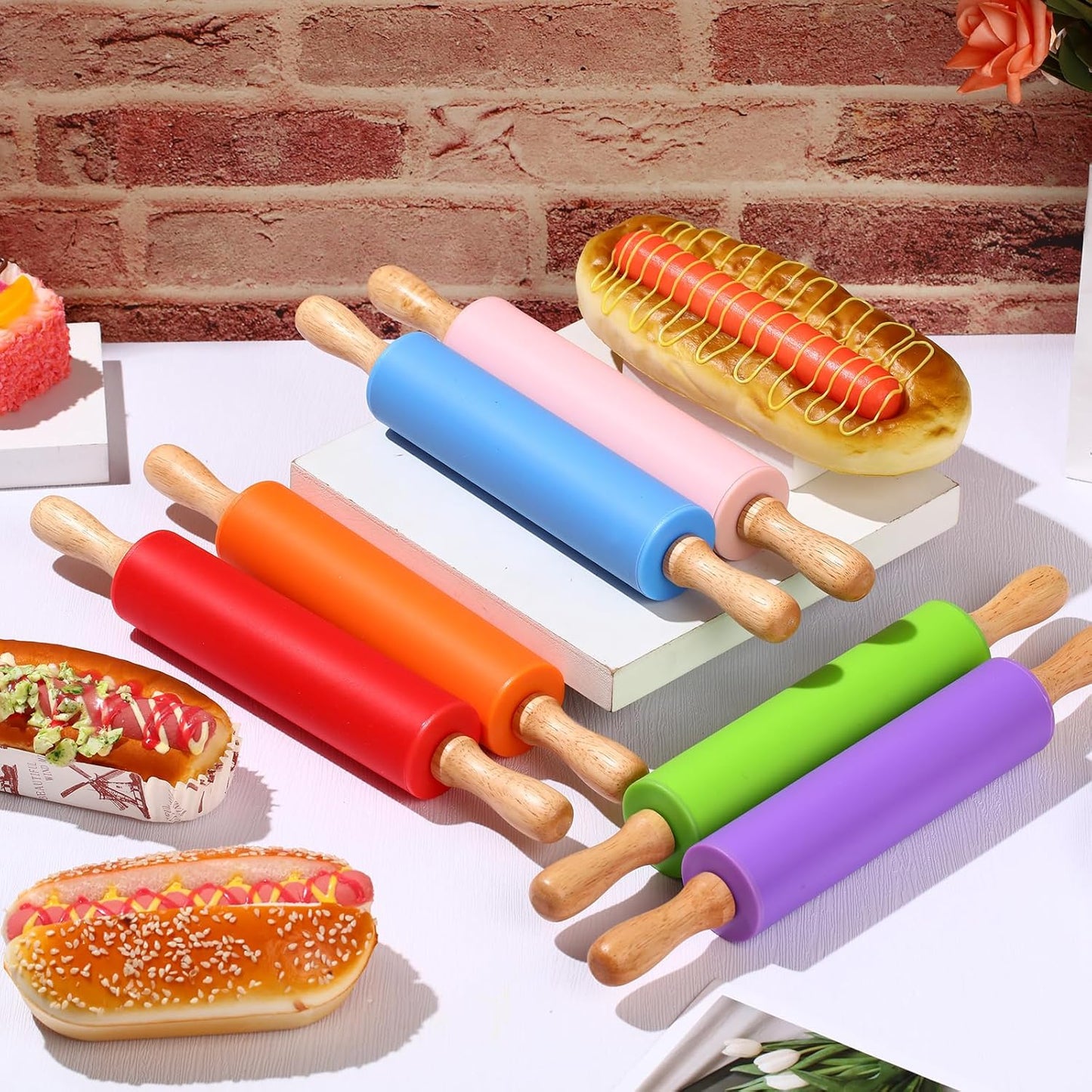 Dandat Small Rolling Pin Kids 12 Inch Mini Silicone Rolling Pin for Baking Non Stick Kids Dough Roller with Wooden Handle for Kitchen Cookie Pastry Fondant Cake 6 Colors(6 Pcs)