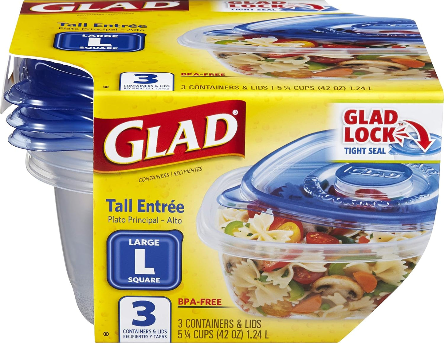Glad GladWare Tall Entree Food Storage Containers - Large Square - Meal Container Holds up to 42 Ounces of Food - Lock Tight Seal, 3 Count - 6 Pack