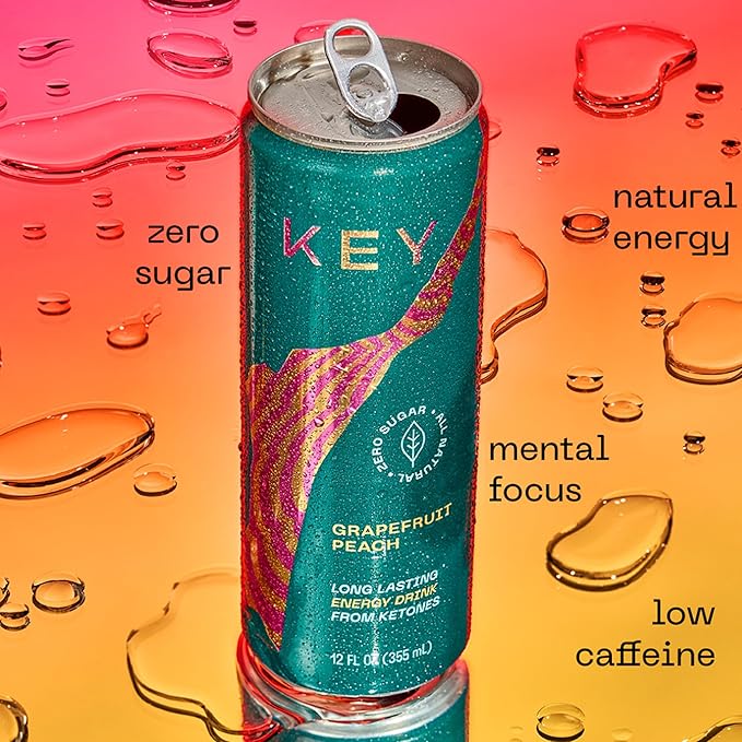 KEY Ketone Energy Drink : Sugar Free, 80mg Low Caffeine, All Natural, 11.5g Ketones, Long Lasting Energy, Green Tea & L-Theanine for Mental Focus, Grapefruit Peach (Pack of 12)