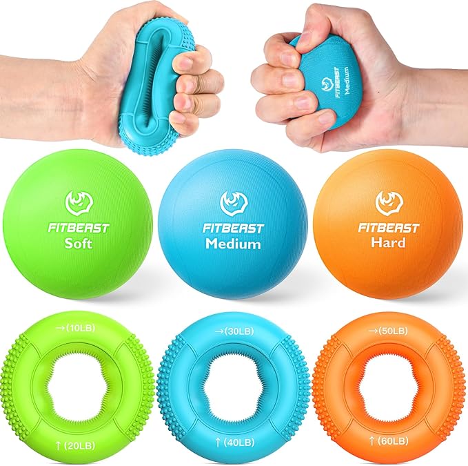 FitBeast Grip Strength Trainer, Finger Exerciser, Stress Balls for Adults 6-Piece Set, Hand Therapy for Strength, Recovery & Stress Relief, Forearm Strengthener for Men, Women & Seniors