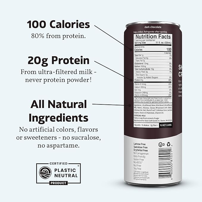 Slate Milk - High Protein Milk Shake - Dark Chocolate - Lactose Free, 20g Protein, 1g Sugar, 100 Calories, 1g Net Carbs, No Added Sugar - Natural, Breakfast Boost, Post Workout - 11 fl oz, 48 Cans