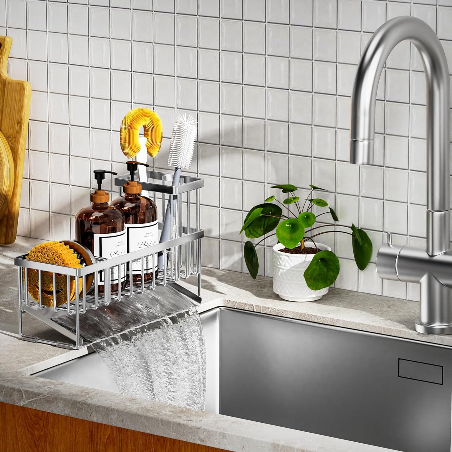 Cisily Extra Large Silver Kitchen Sink Caddy Organzier with High Brush Holder, Sponge Holder for Sink, 304 Rustproof Stainless, Kitchen Countertop Soap Dispenser Organizer For Decor and Accessories