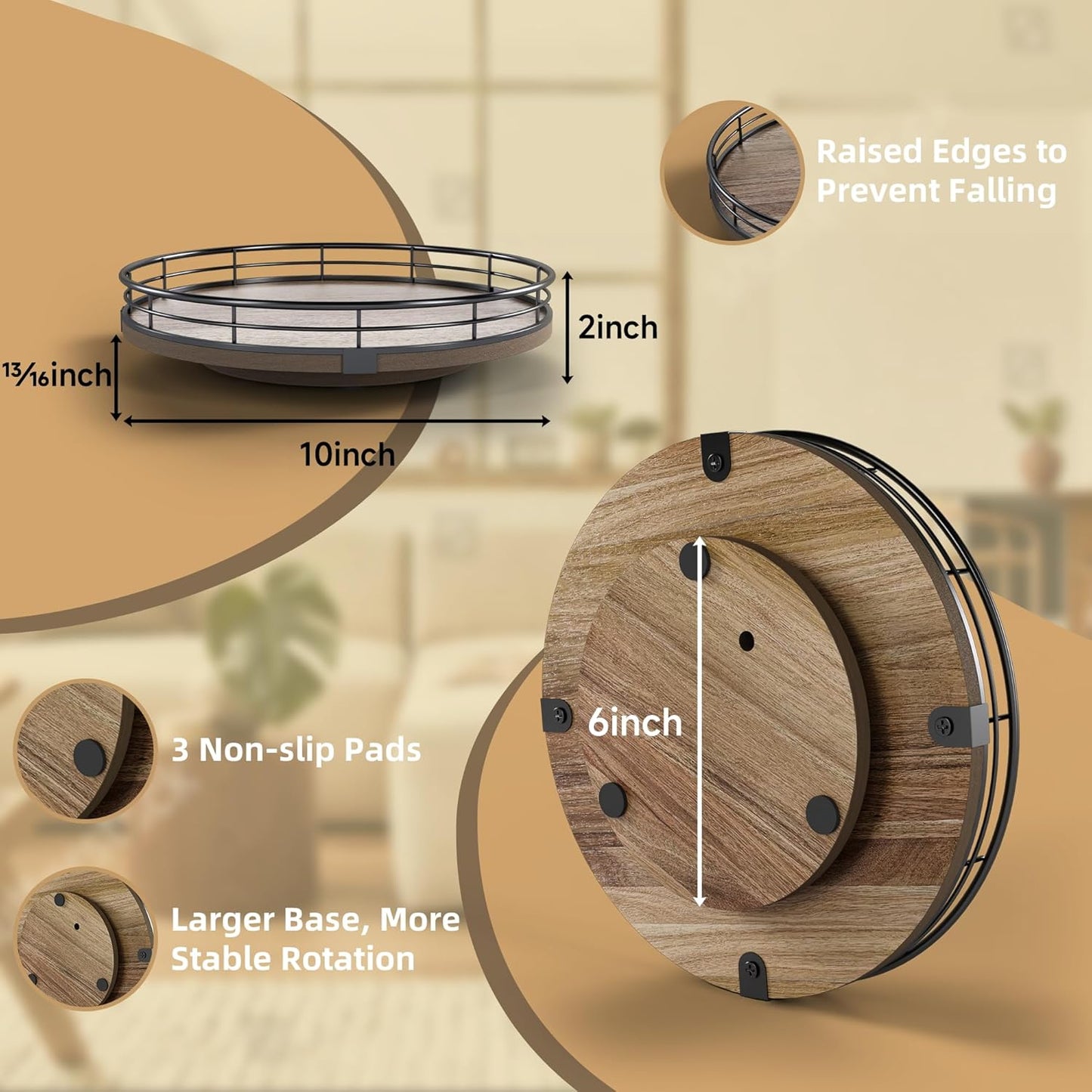 Acacia Wood 10" Lazy Susan Turntable Organizer for Table Top, Farmhouse Round Wooden Lazy Susan for Cabinet Kitchen Centerpieces Coffee Table, for Condiments Spices, Bathroom Vanity Tray Decor
