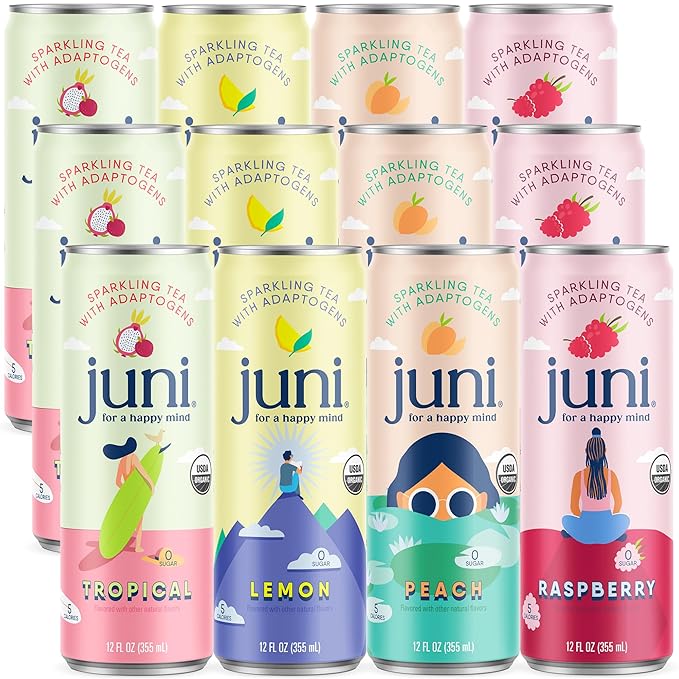 Juni Sparkling Adaptogen Drink with Ashwagandha, Lion's Mane & Reishi Mushrooms | Green Tea for Focus | Zero Sugar, 5 Calories | All Flavors 24-Pack