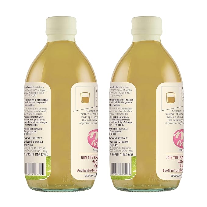 De Nigris Organic Apple Cider Vinegar Raw & Unfiltered 16,9 Oz (Pack of 2) | Apple Cider Vinegar With Mother A Source Of Functional Elements For The Balance Of Metabolism | Organic