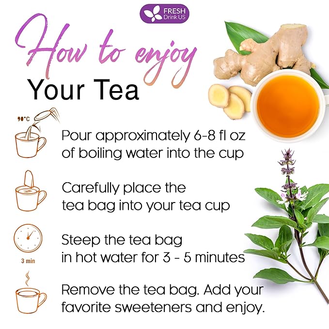 FreshDrinkUS, Premium 135 Ginger Tulsi Tea Bags, 100% Natural, Hand-made Blend of Ginger and Tulsi Holy Basil Leaves, Eco-conscious Tea Bags. Ginger Tulsi Herbal Tea. No Sugar, No Caffeine, Vegan.