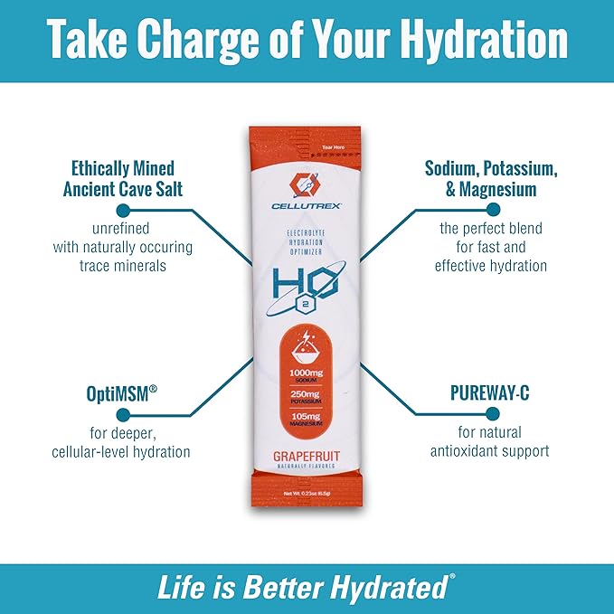 Cellutrex® H2O Electrolytes – Electrolyte Powder Drink Mix, Zero Sugar, Natural Salt Hydration Packets for Recovery and Wellness, Grapefruit, 20 Sticks