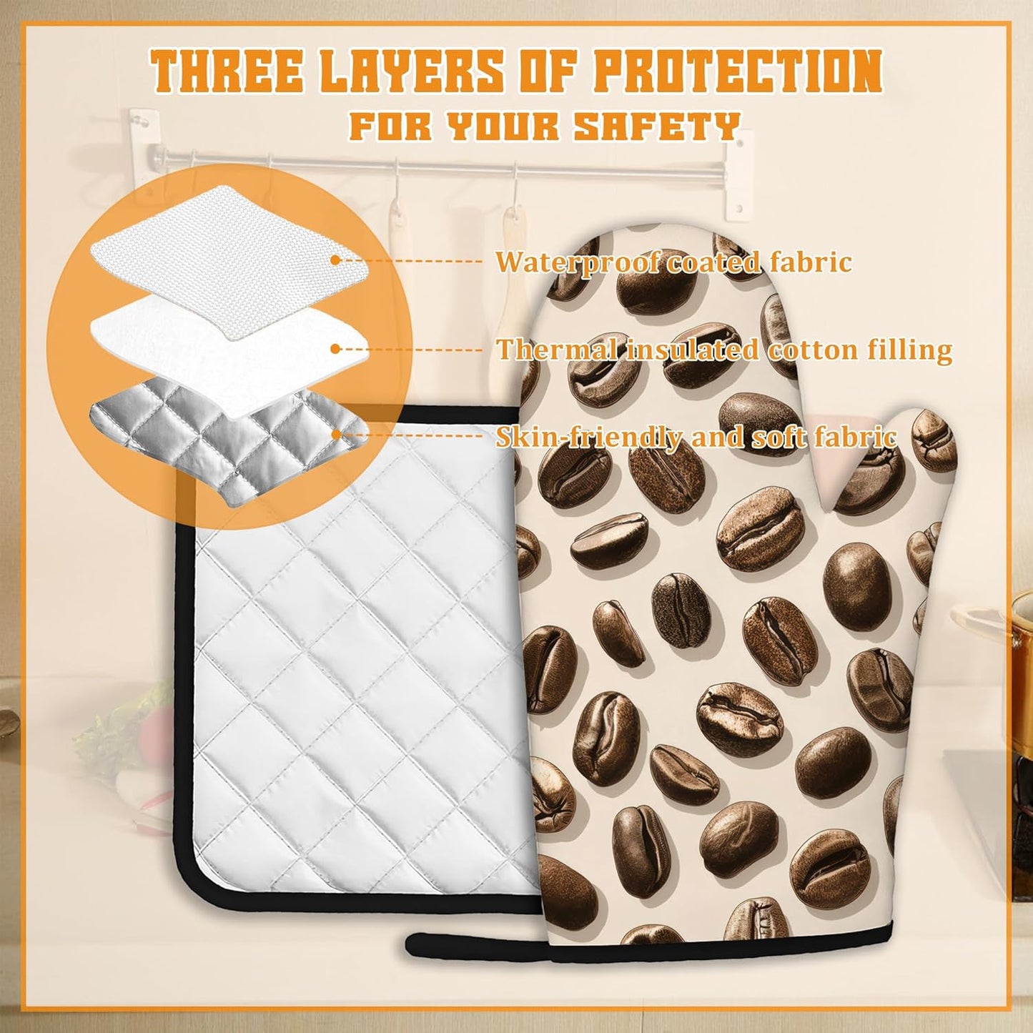 Coffee Bean Oven Mitts and Pot Holders Set,Kitchen Oven Gloves and Pot Holder with Heat Resistant Non Slip for Cooking Baking Grilling(4 Piece Set)