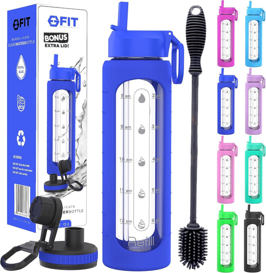 FIT Strong & Healthy 32 oz Glass Water Bottle with Straw Lid, Time Marker, Sleeve & Extra Lid - Motivational, Wide Mouth 1 Liter Glass Drinking Bottle